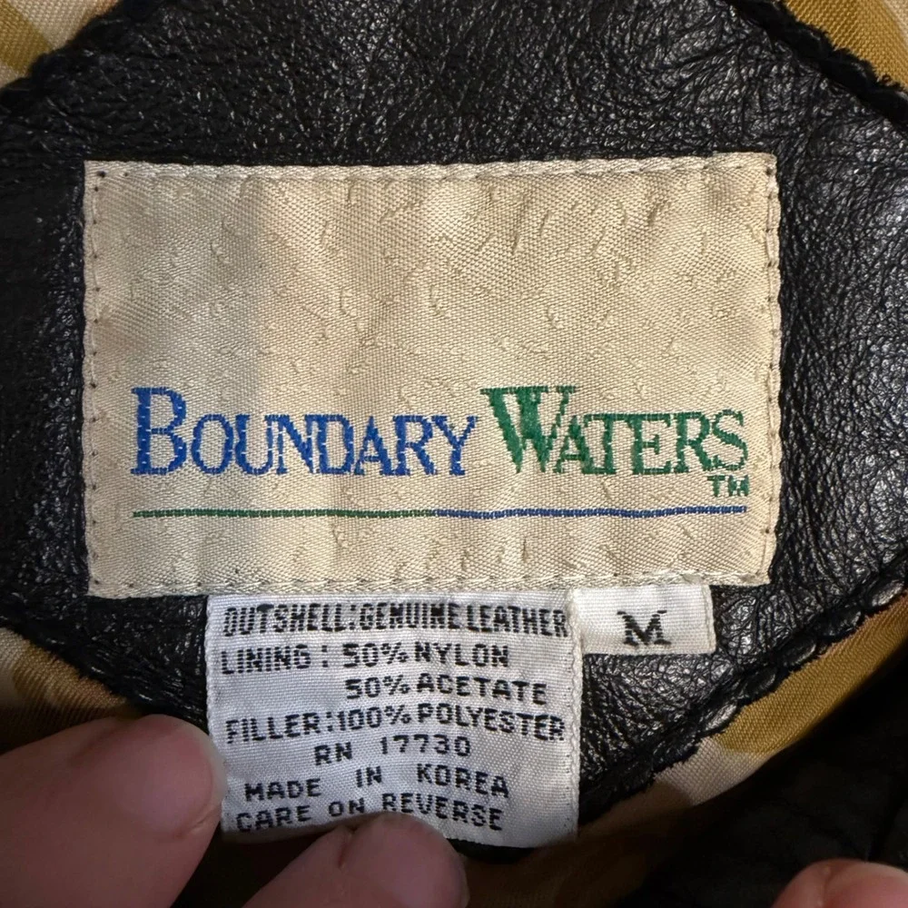 Boundary Waters Mens Genuine Leather Jacket Black Zip Up Mock Neck Vintage M